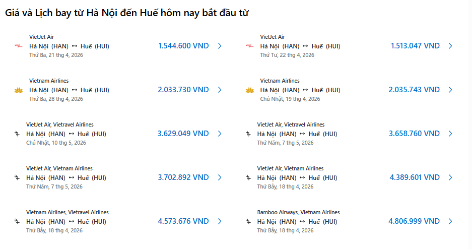 Giá vé máy bay Hà Nội Huế trên Traveloka